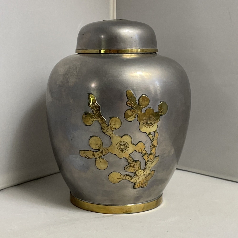 Vintage Ginger Jar Pewter with Floral‎ Brass 6.5" Made In Hong Kong